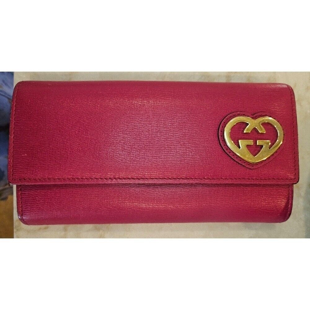 Gucci Wallet Pink Leather Heart Interlocking G Logo Bifold Long‎ Clutch w/COA